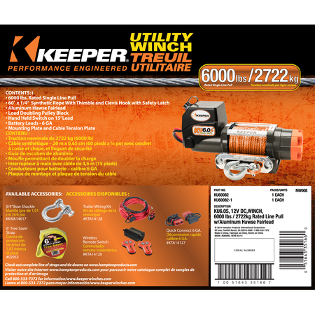 KEEPER Utility Winch, 12V DC 6000lbs w/Integ. sealed solenoids, synthetic rope KU60082